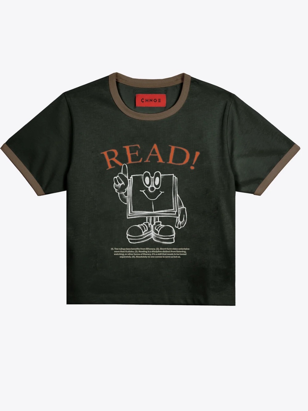 CHNGE Dark Green Tee with Orange 'READ!' Graphic